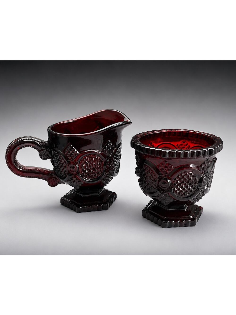 Avon Vintage Cape Cod 1876 Ruby Red Glass Sugar and Creamer Dish Set